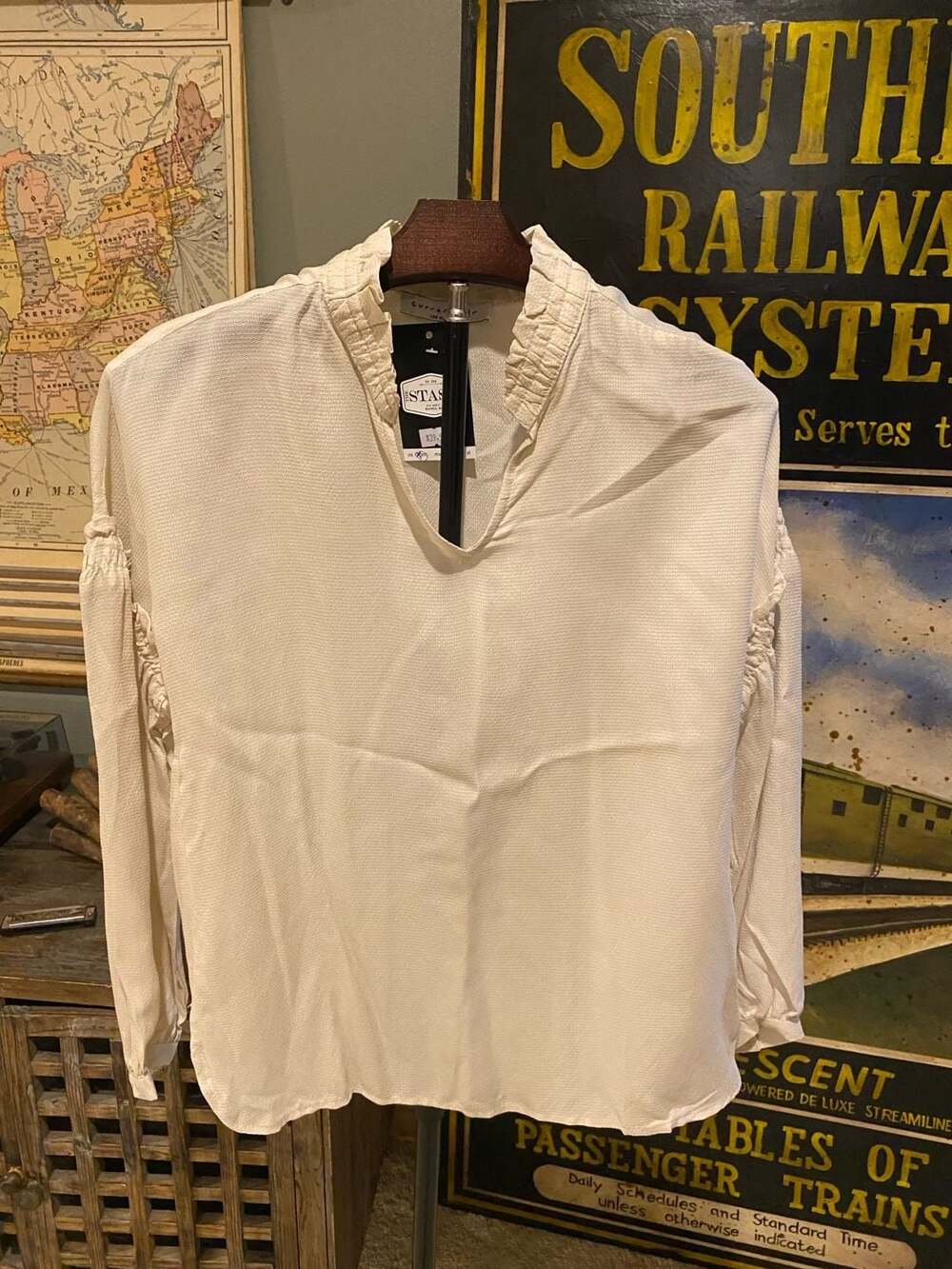 Current Air Los Angeles Cupro V-Neck Ruffle Trim Long Sleeve Blouse